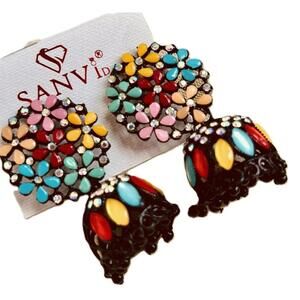 Bollywood Colorful Jhumkas Kundan Indian Ethnic Fashion Women's Earrings Set 2"